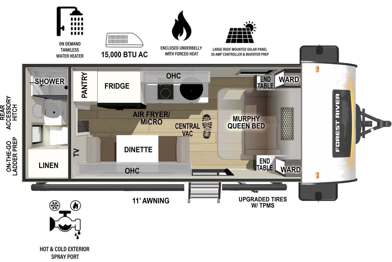 The r-pod RP-192 floorplan has one entry and zero slide outs. Exterior features include: fiberglass exterior and 12' awning. Interiors features include: murphy bed and rear bathroom.